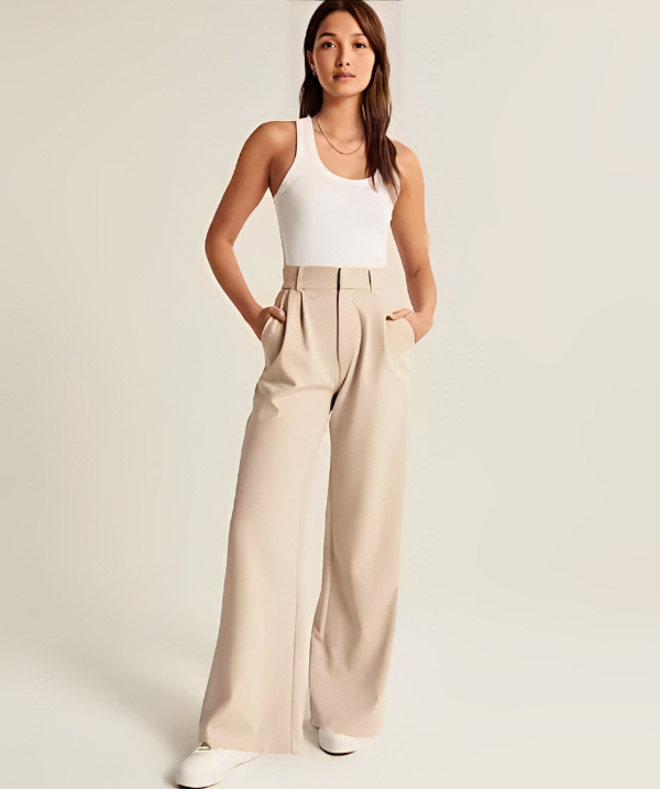 Pants beige wide-leg high-waist front view