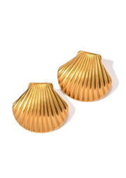 Gold shell-shaped earrings on white background front view