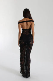 Black lace off-shoulder dress back view