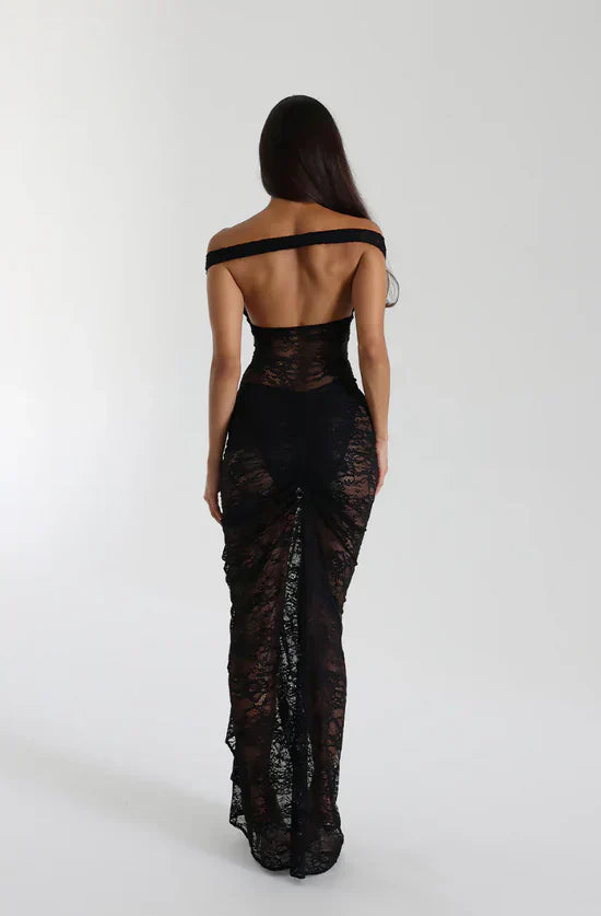 Black lace off-shoulder dress back view