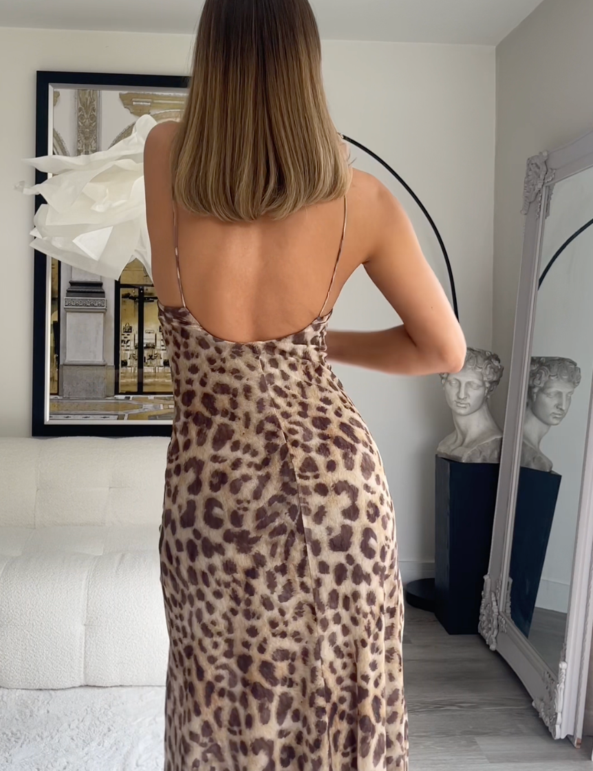 Leopard print maxi dress back view