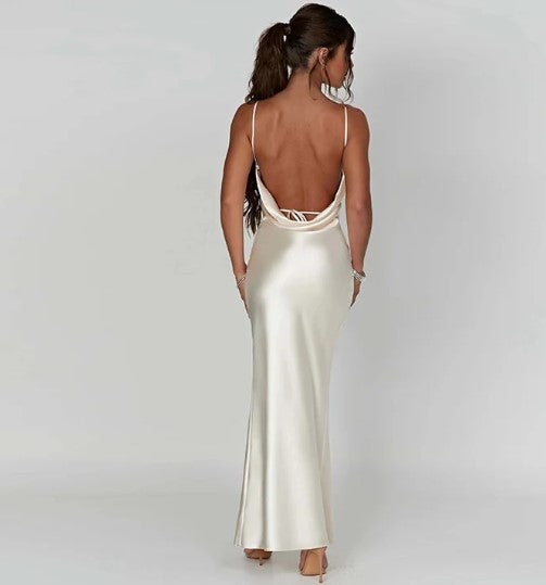 Silk maxi dress white back view with open back