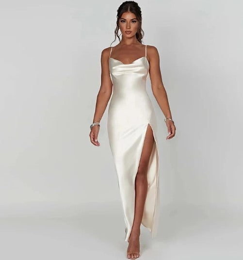 Silk maxi dress white front view with high split