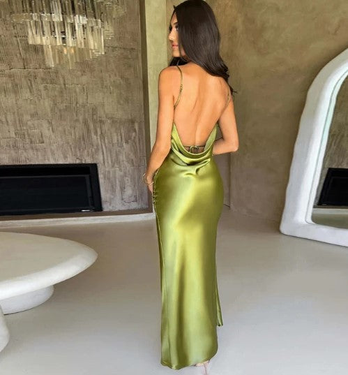 Silk maxi dress olive green back view with open back