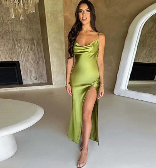 Silk maxi dress olive green front view with high split
