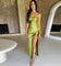 Silk maxi dress olive green front view with high split