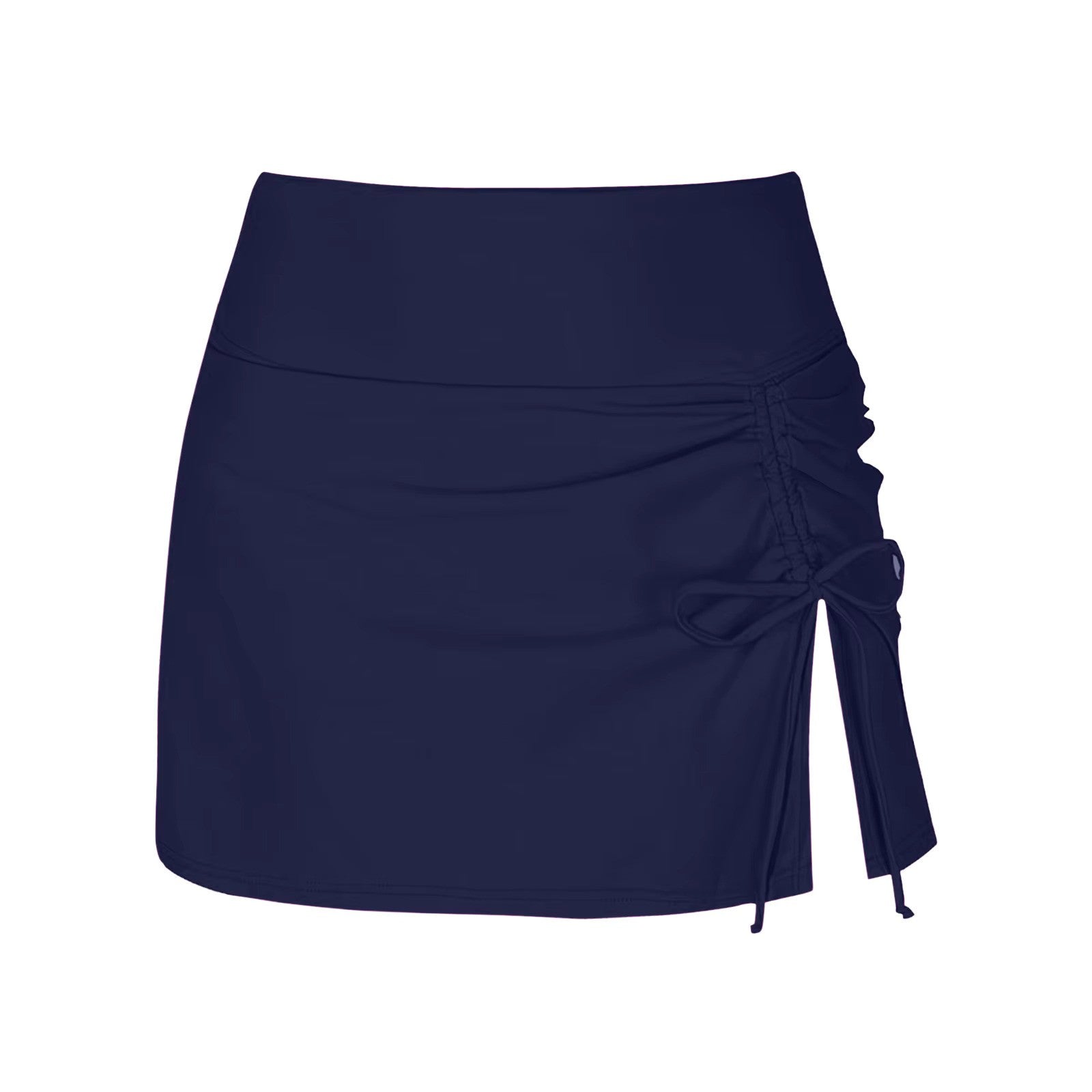 Navy swim skirt with ruched side flat lay