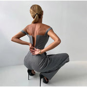 Dames set grijs met corset top en broek, rugzicht