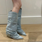 Dames laarzen blauw denim stijlvolle vorm zijkant