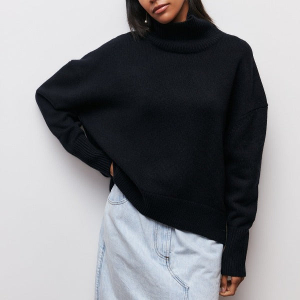 Turtleneck trui zwart met ruitpatroon front view