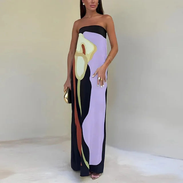 Maxi-jurk met print in paars en zwart, zijprofiel