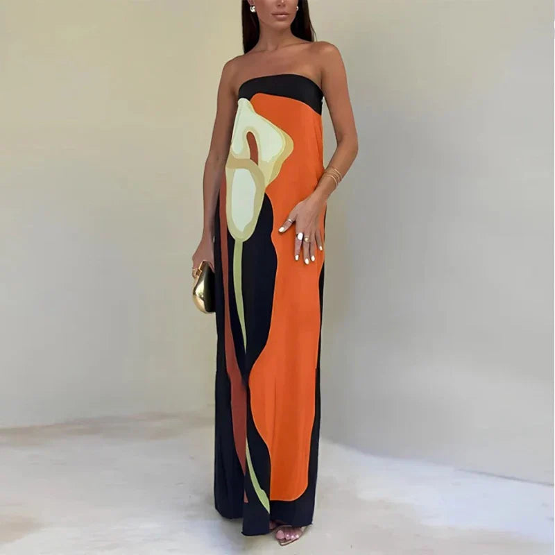 Maxi-jurk met print in zwart, oranje en wit, front view