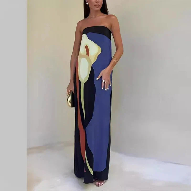 Luxe maxi-jurk met abstracte print en blauwe details, front view