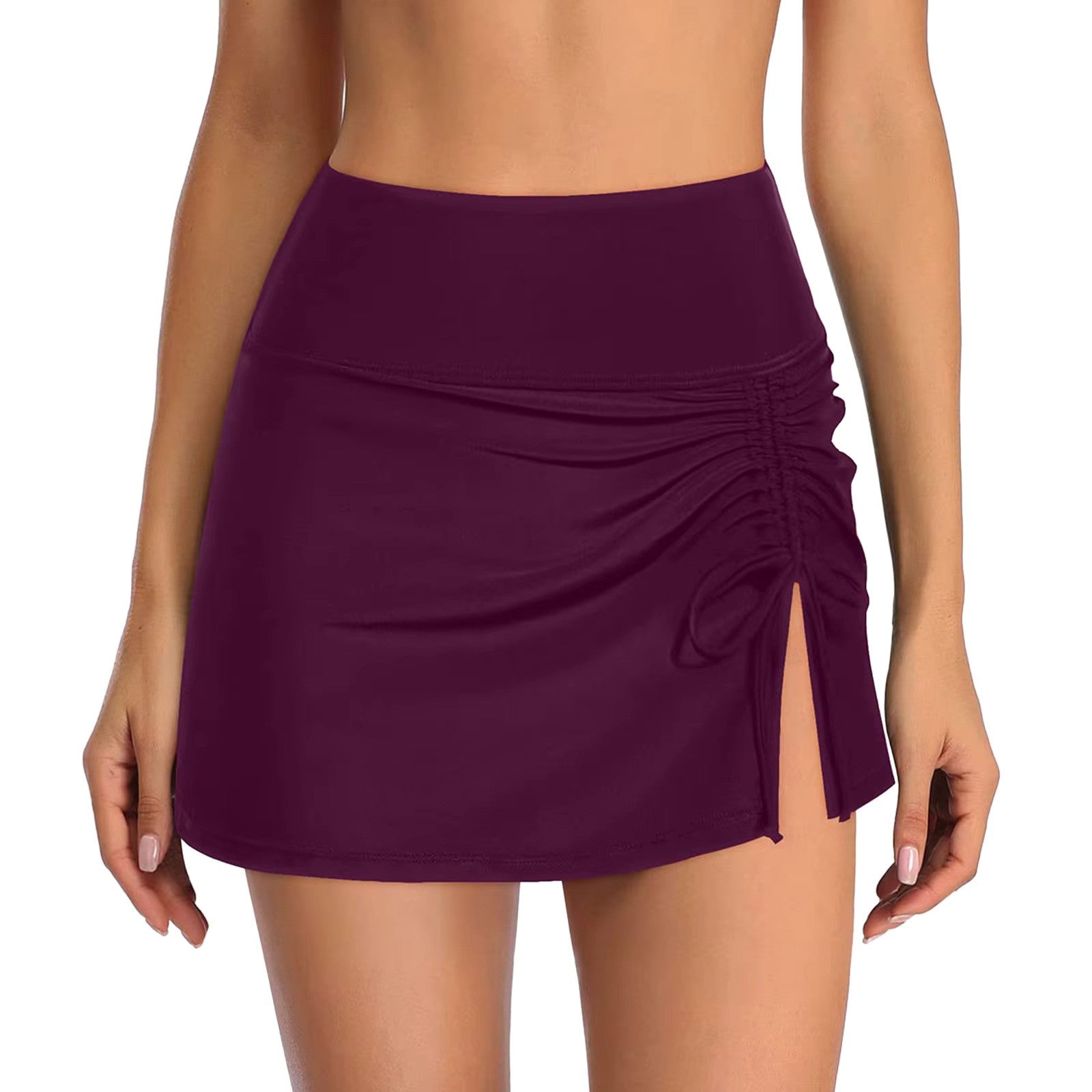 Purple swim skirt with ruched side front view