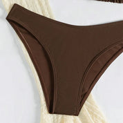 Brown bikini bottoms close-up detail view