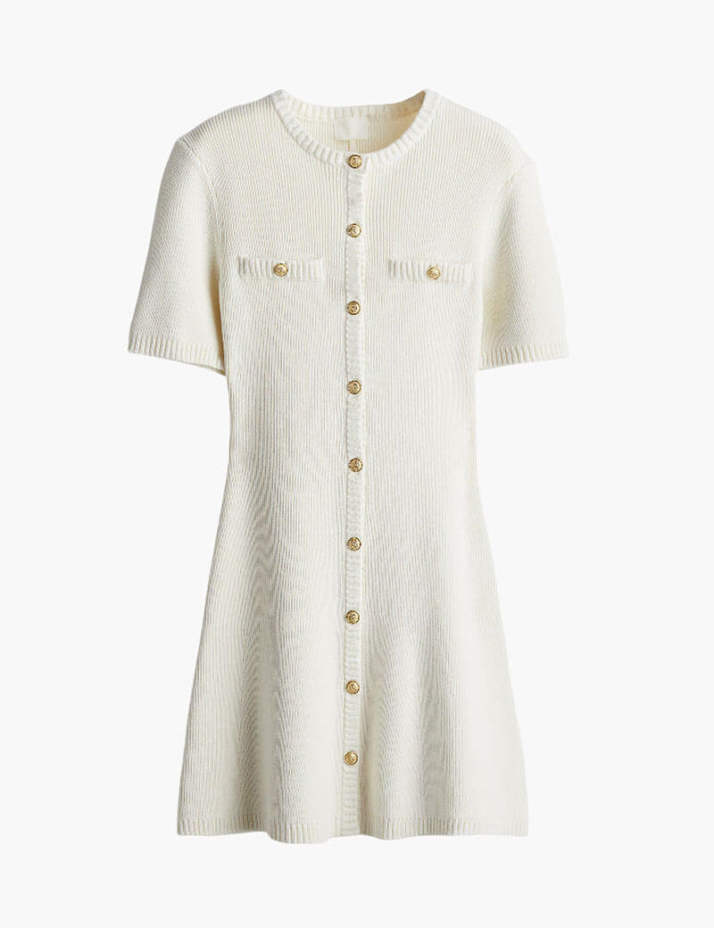 White knitted dress with gold buttons studio front view