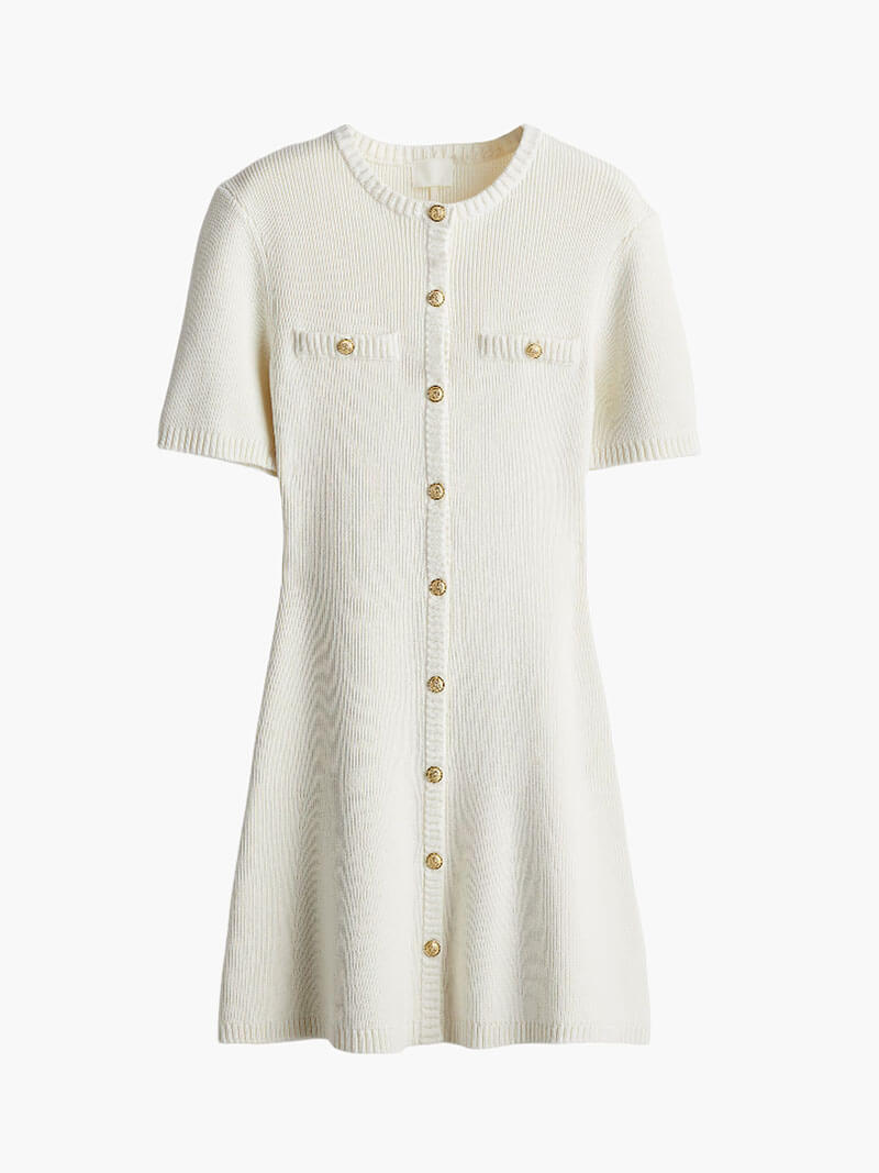 White knitted dress with gold buttons studio front view