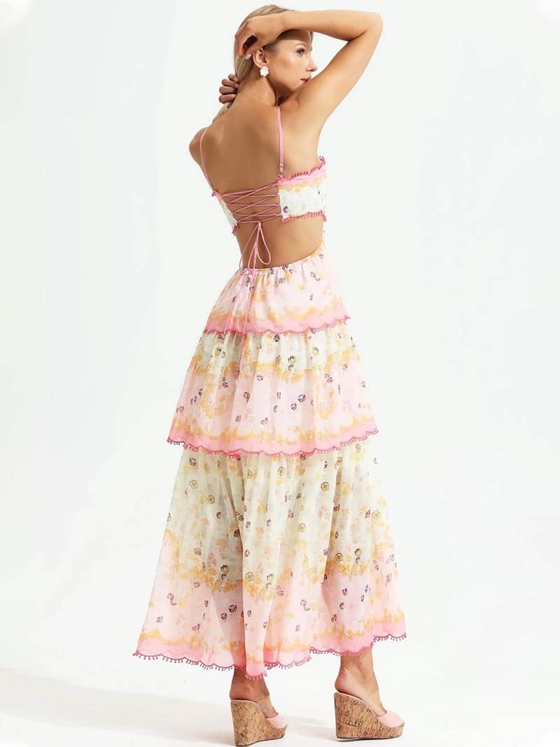 Maxi dress with floral print and lace trim, pink accents, back view with wedges