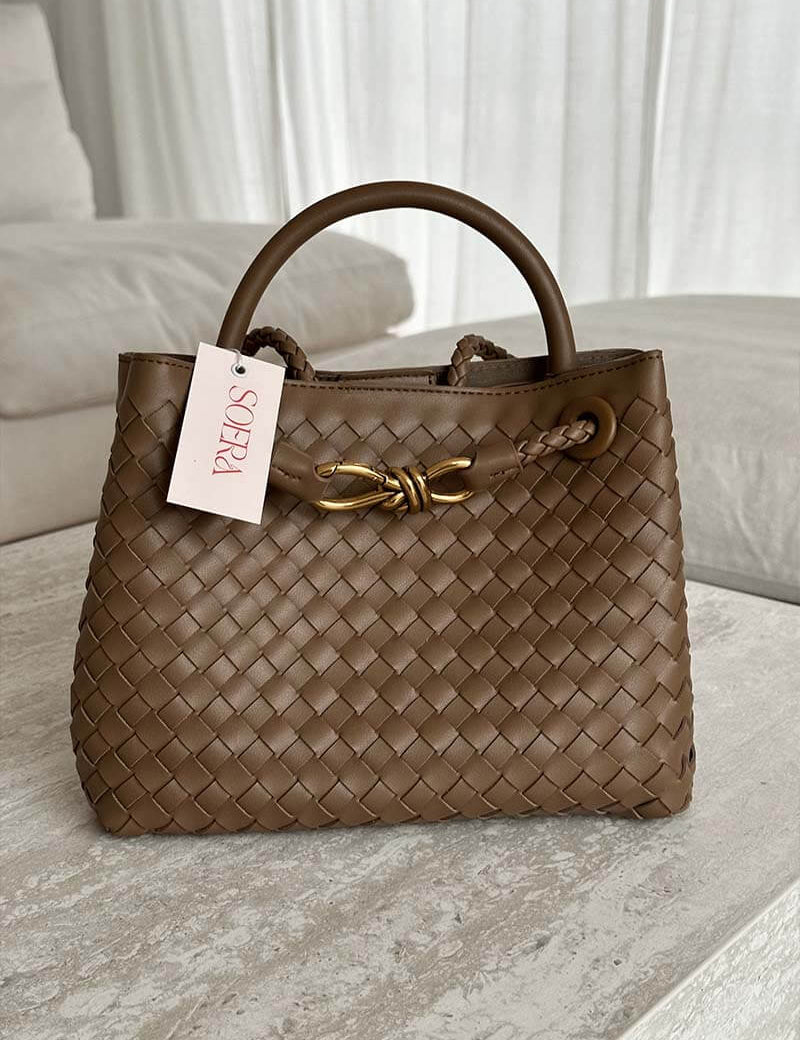 Handtas bruin gevlochten leer voorkant