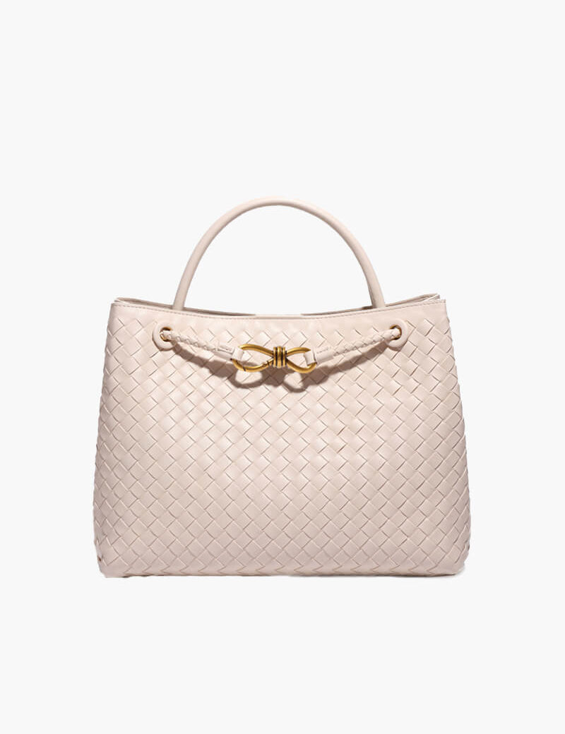 Dames handtas beige gevlochten met gouden sluiting front view