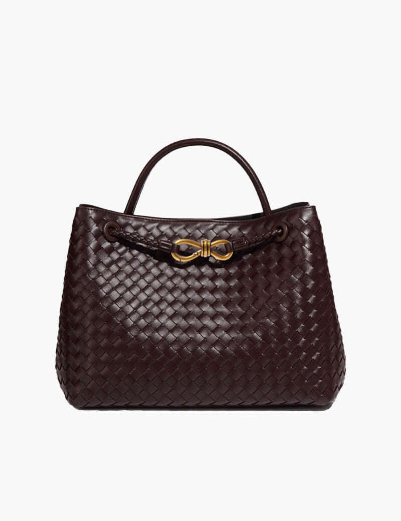 Handtas donkerbruin gevlochten leer vooraanzicht