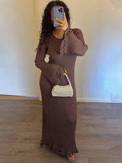 Brown maxi dress with ruffles and pleats, front view