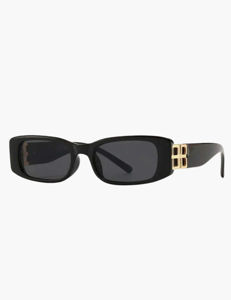 Black acetate sunglasses with gold logo detail, front view