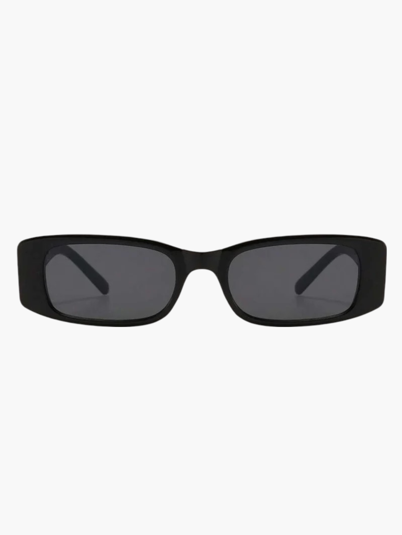 Black acetate sunglasses with gold logo detail, front view close-up