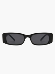 Black acetate sunglasses with gold logo detail, front view close-up