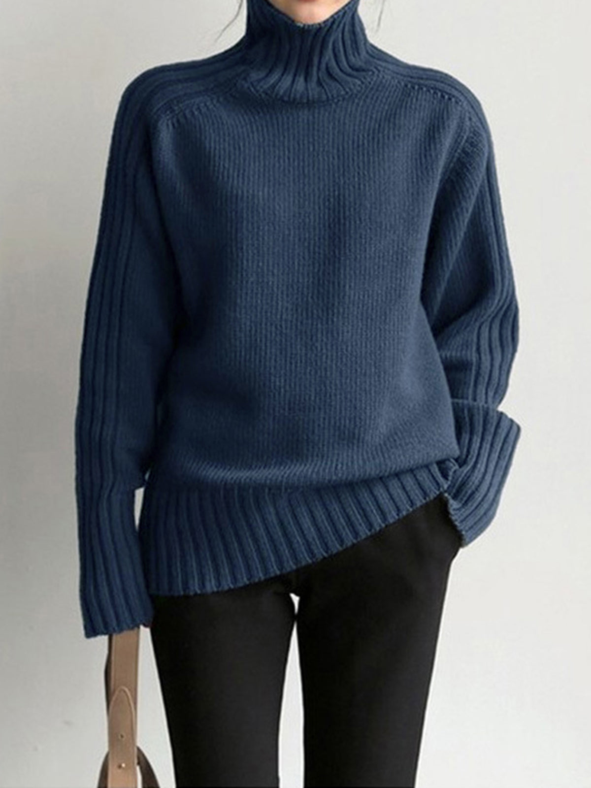 Women's ribbed turtleneck sweater marine blue side view