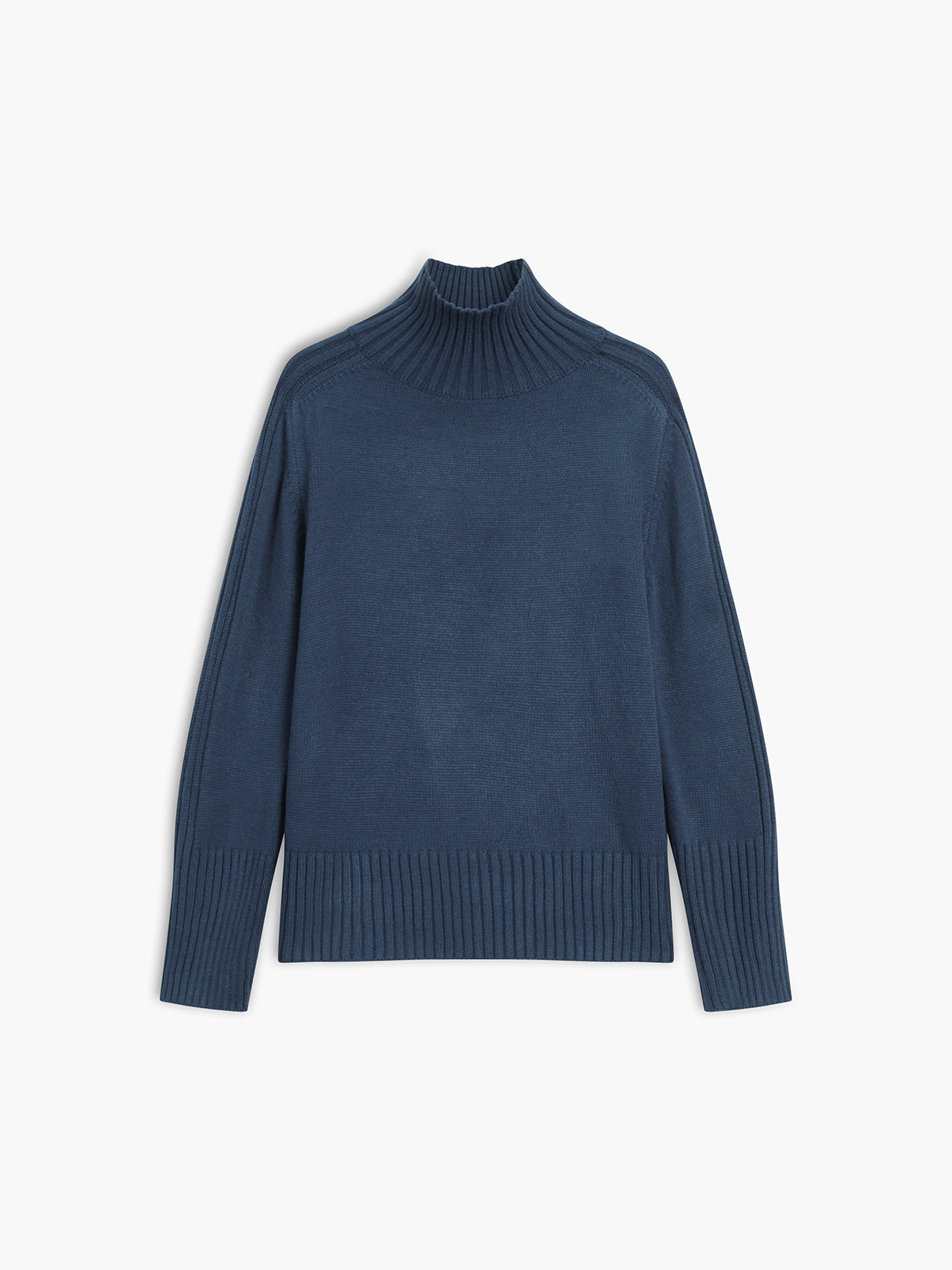 Women's ribbed turtleneck sweater marine blue flat lay front view