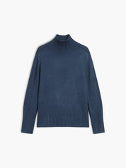 Women's ribbed turtleneck sweater marine blue flat lay front view