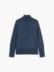 Women's ribbed turtleneck sweater marine blue flat lay back view