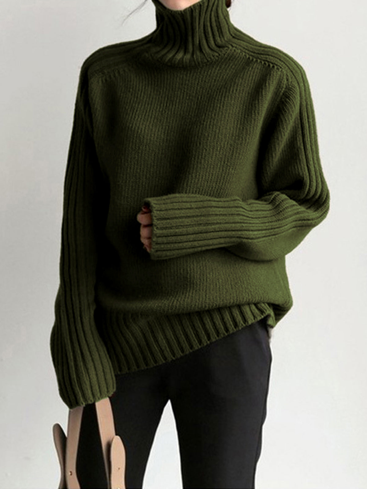 Women's ribbed turtleneck sweater olive green front view