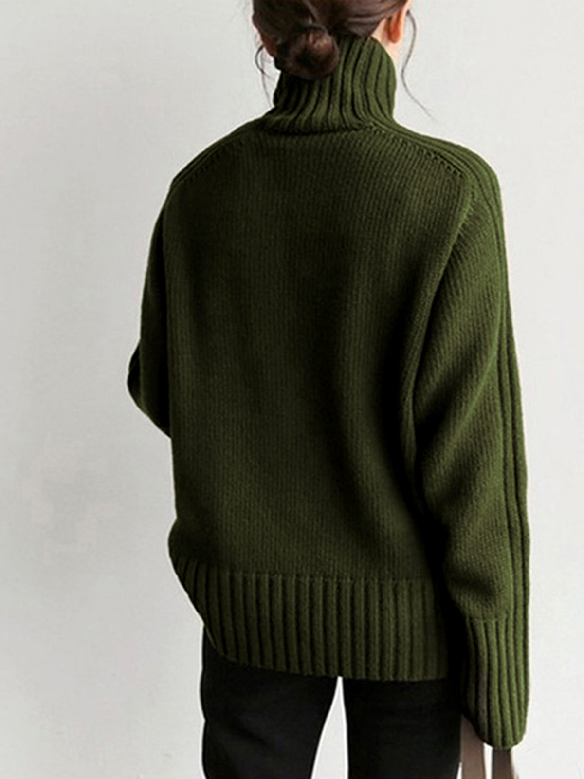 Women's ribbed turtleneck sweater olive green back view