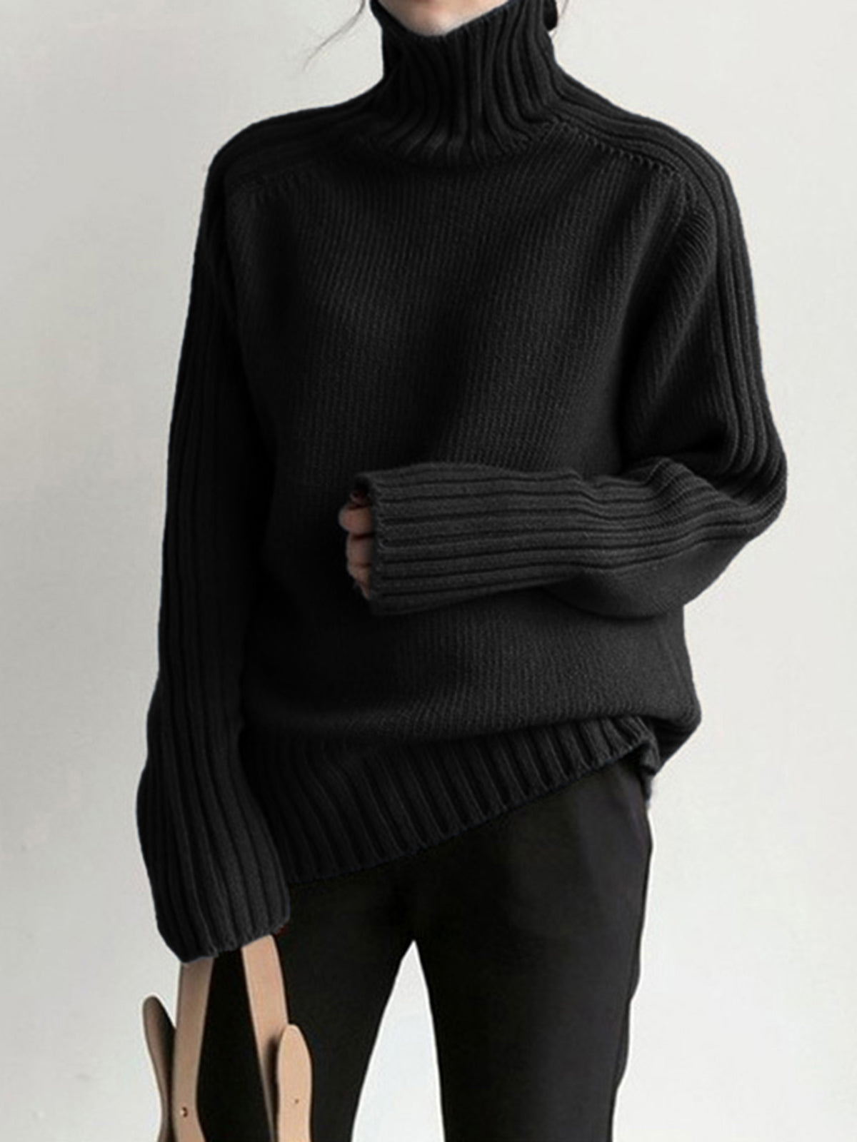 Women's ribbed turtleneck sweater black front view