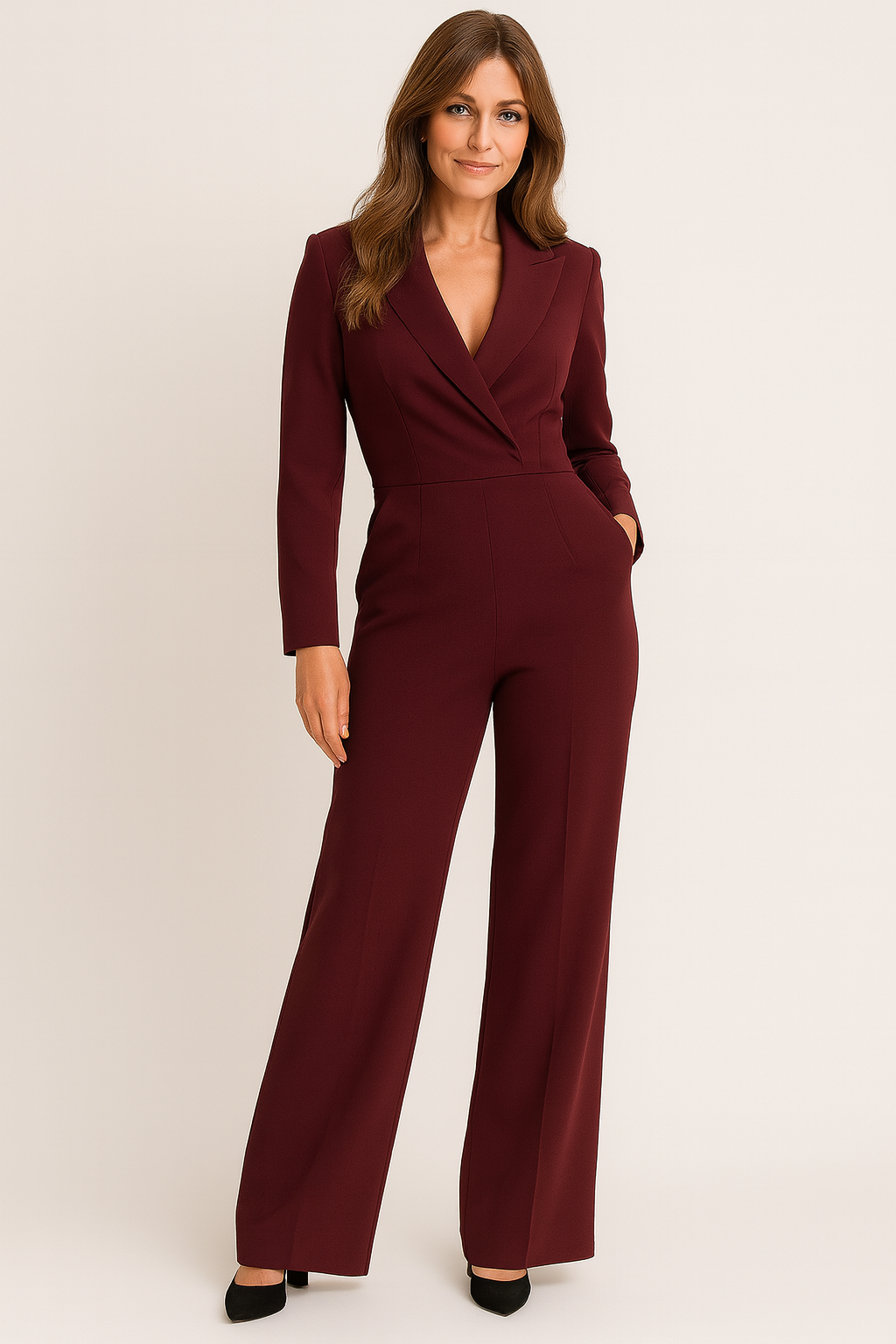 Dames jumpsuit bordeaux met elastische taille front view
