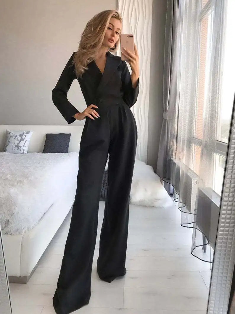 Dames jumpsuit zwart met elastische taille front view