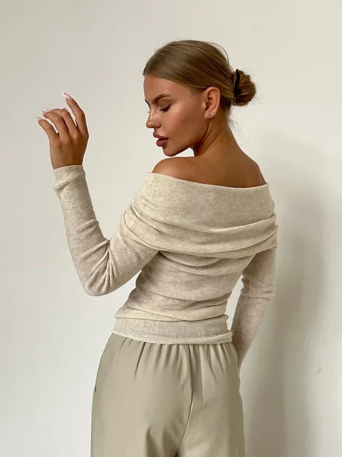 Lange mouwen top beige elegante off-shoulder zijkant
