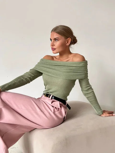 Elegante off-shoulder top groen met lange mouwen voorvijl
