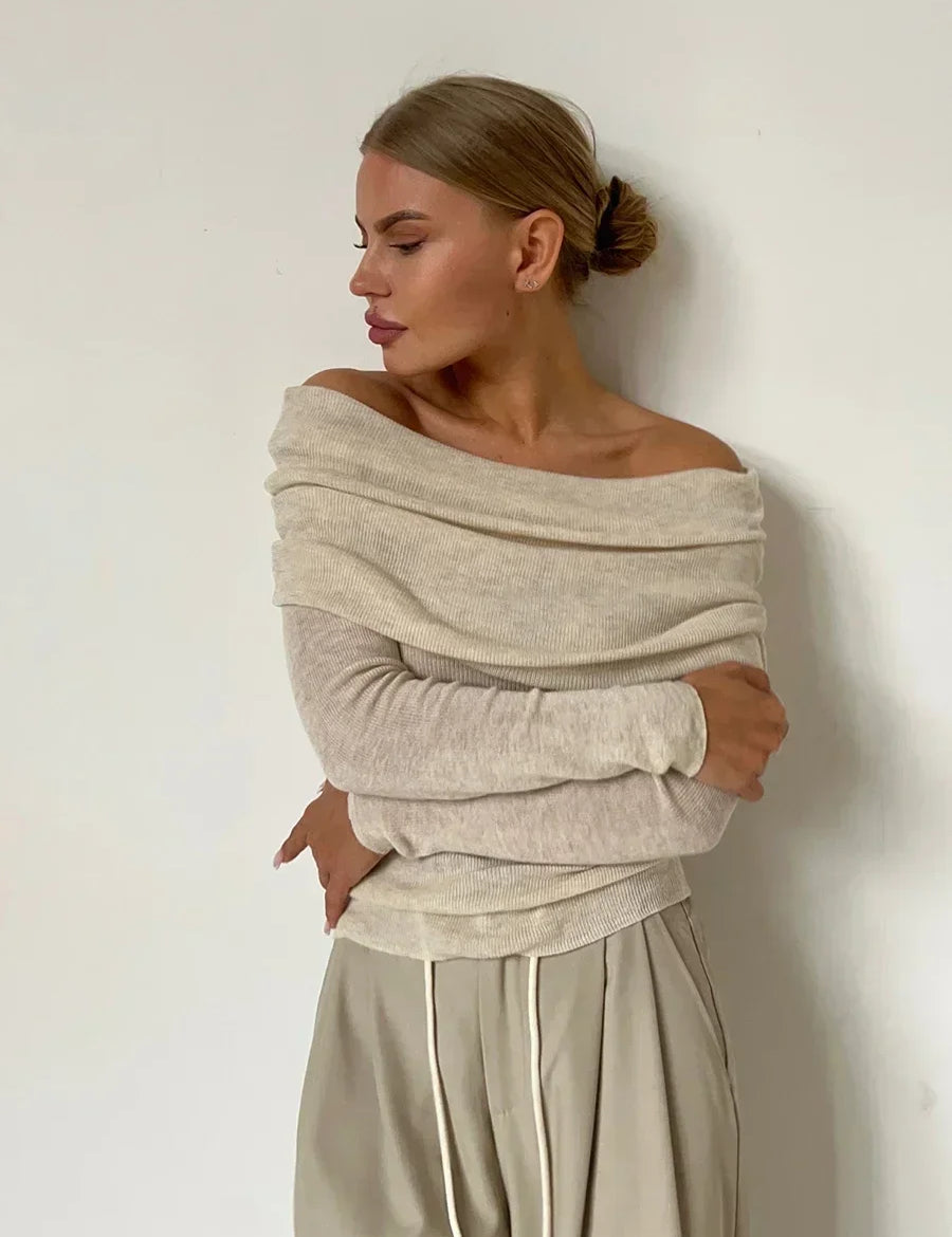 Off-shoulder lange mouwen trui beige zijprofiel