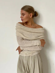 Off-shoulder lange mouwen trui beige zijprofiel