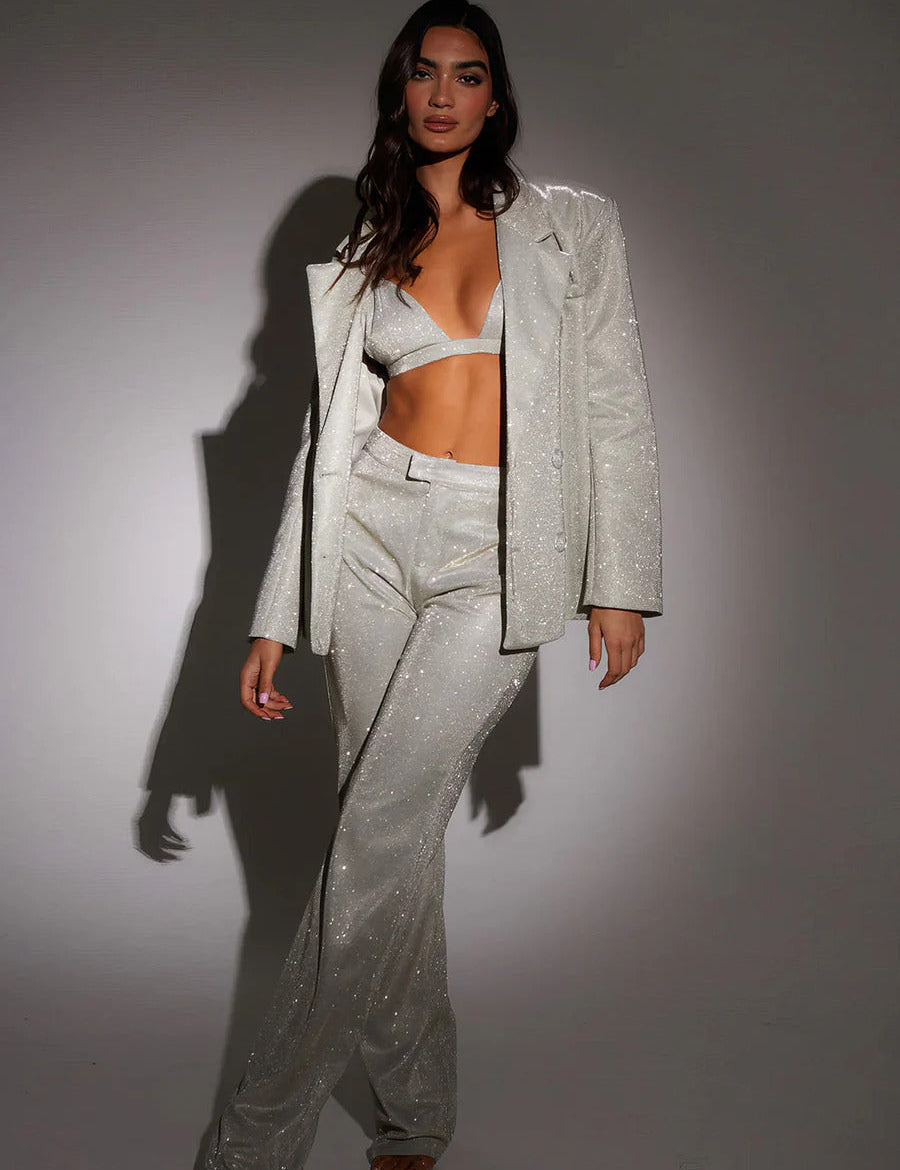 Ivory glitter suit side profile with blazer and pants