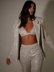 Ivory glitter suit three-quarter view with blazer and pants