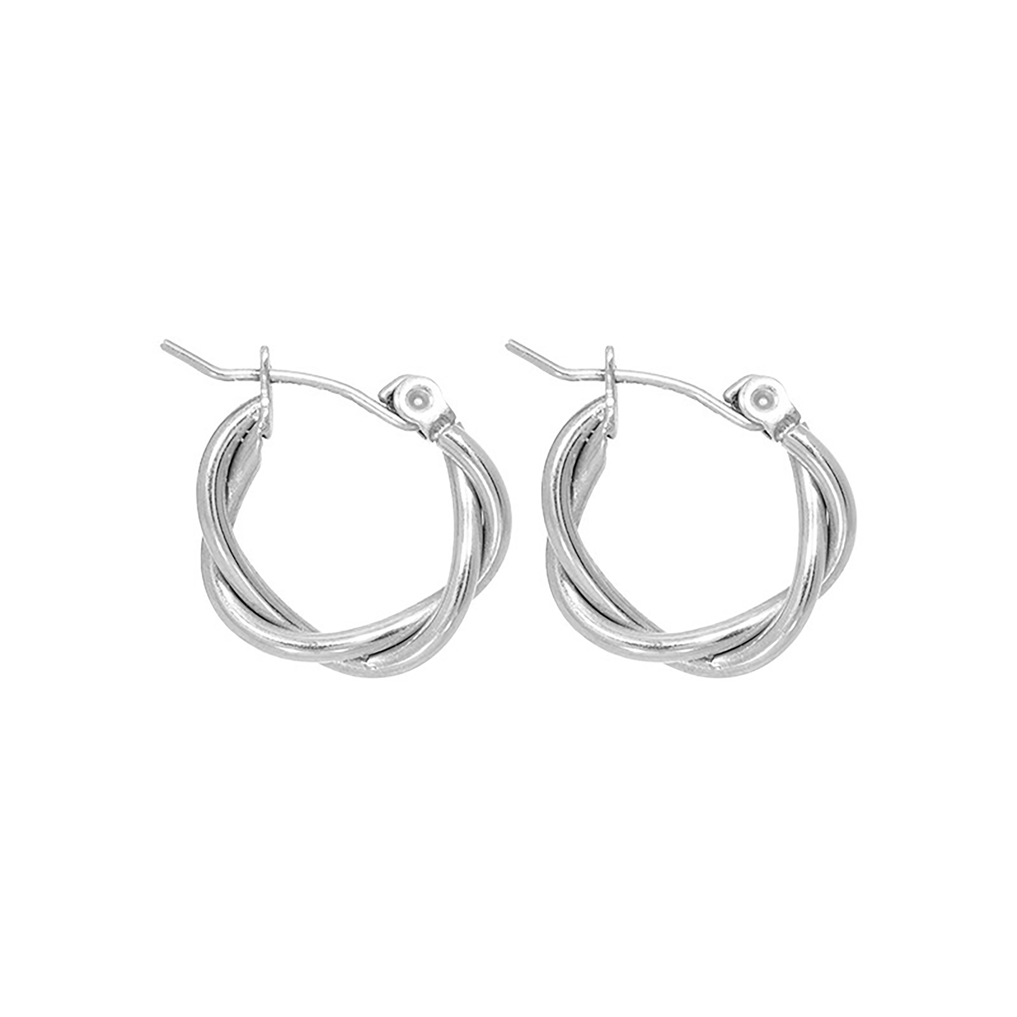 Silver hoop earrings with twisted design, front view