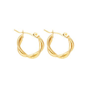 Gold hoop earrings with twisted design, front view