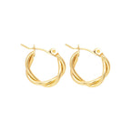 Gold hoop earrings with twisted design, front view