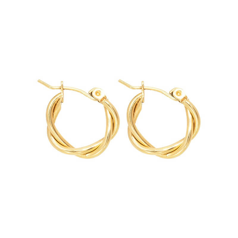 Gold hoop earrings with twisted design, front view