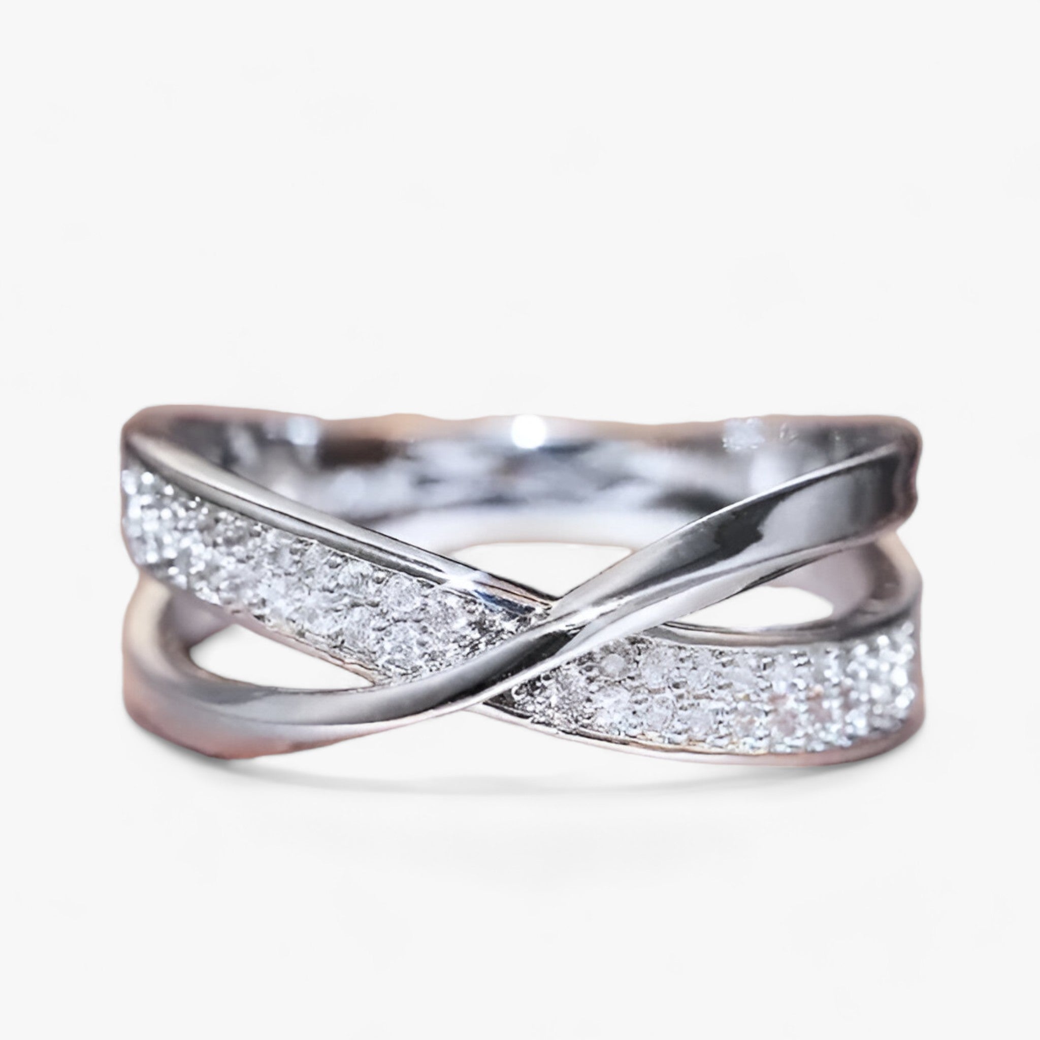 Zilver - Bicolor X-vormige Kruisring met Sprankelende Zirkonia 1