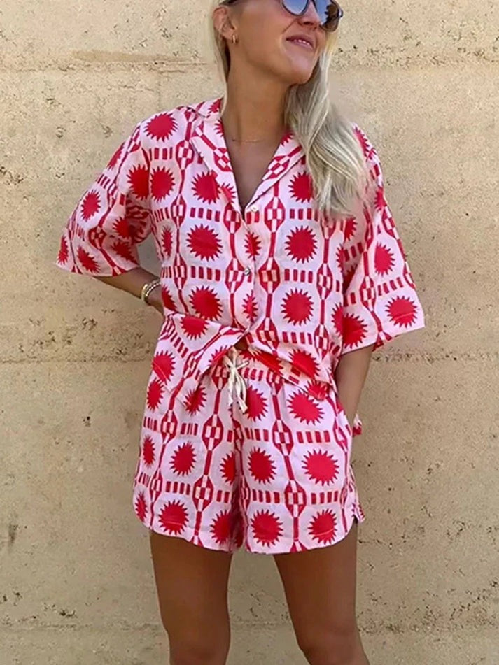 Tweedelige zomerset dames roze met rode print front view